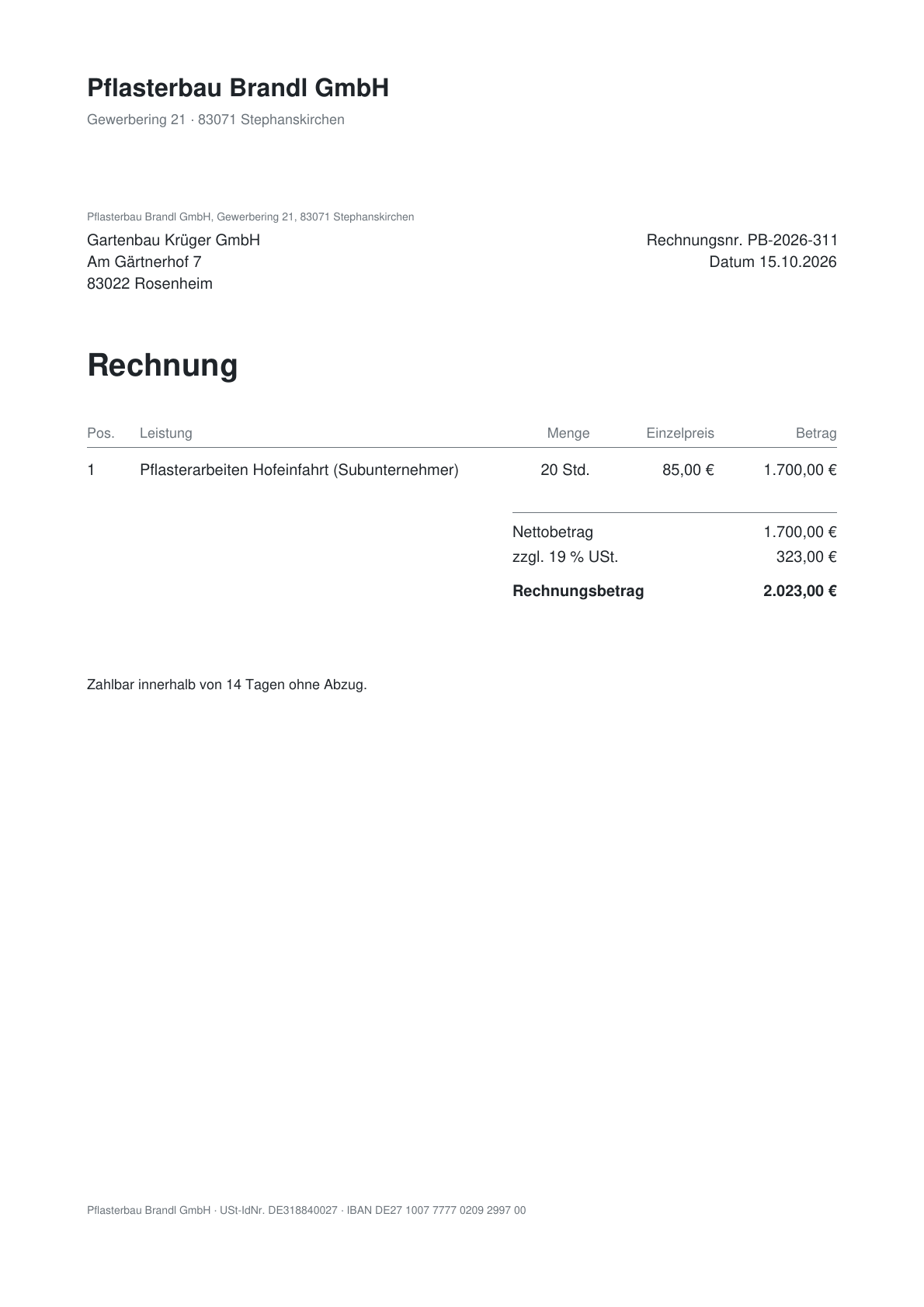 Rechnung der Pflasterbau Brandl GmbH als PDF